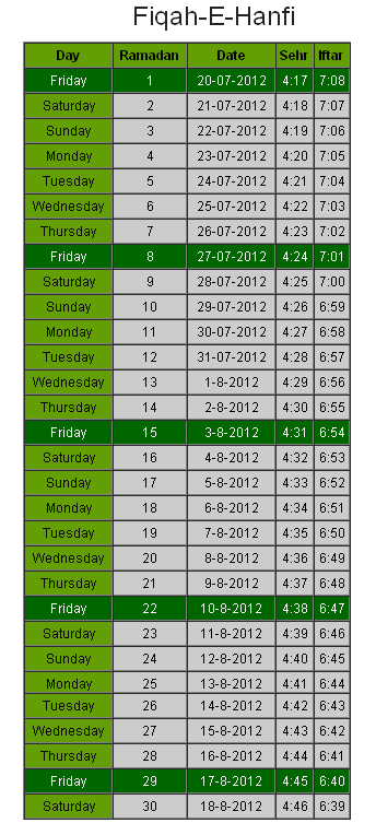 Ramadan calendar for Jeddah 2012