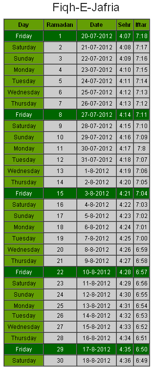 Ramadan calendar for Jeddah 2012