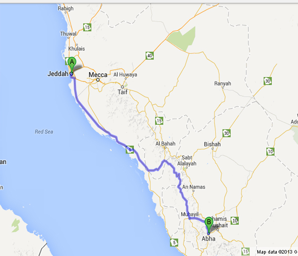 644 Km - Distance from jeddah to Abha